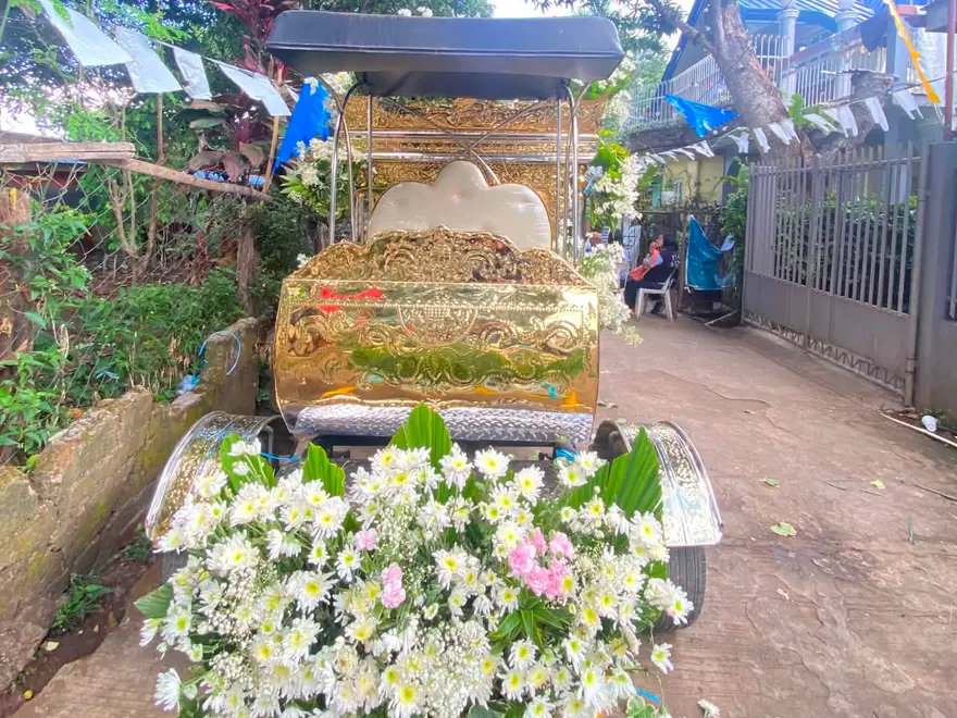 The funeral carriage from behind — gold-leafed panel, glass windows, driver's seat under the black canopy, white flowers in front
